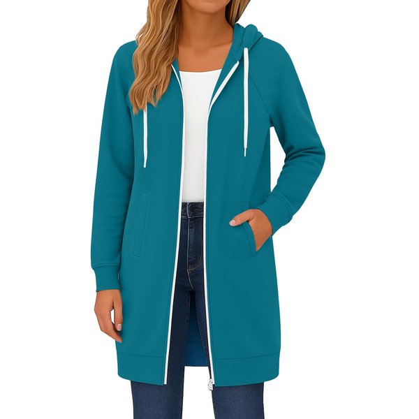 Damskie Bluzy Z Kapturem Zapinane Na Zamek, Z DłUgim RęKawem, DłUgie Tuniki, Bluzy Dresowe Oversize, Polarowa Kurtka Jesienna Casual Z Kieszenią L BłęKitny Kolor-image