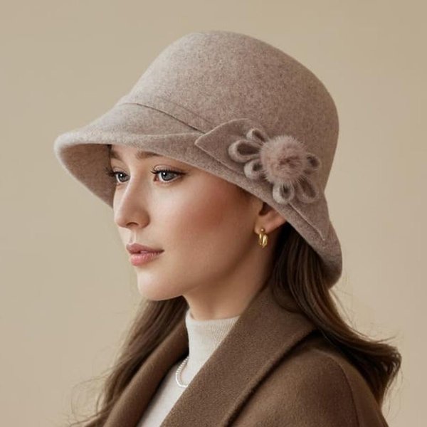 Kapelusz Pani Jesień I Zima Nowy WełNiany Cylinder Modny Kwiat CiepłY Kapelusz Typu Basin Kapelusz Wiadro One Size Khaki-image