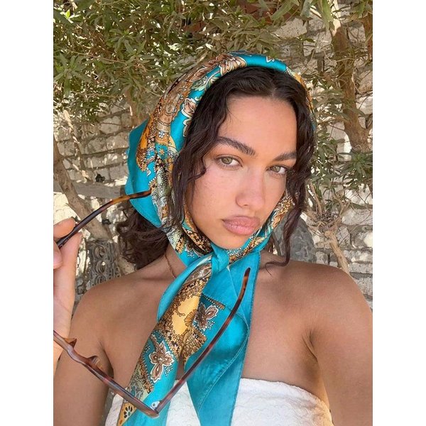 Wiosenny Jedwabny Satynowy Szalik Damski Foulard Femme Chusta Na Szyję Elegancka Kwiatowa Bandana Opaski Na GłOwę Foulard Damski Szalik 90X90CM Beige-image