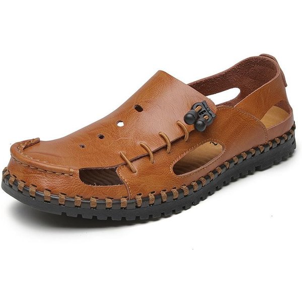 Sandalias De Hombre De Primavera Y Verano De Talla Grande De Cuero Genuino Zapatos Con Agujeros Zapatos Casuales De Playa Puntera Ahuecada Sandalias De Hombre 48 MarróN-image
