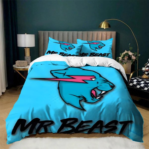 Mr Beast Juego De Funda NóRdica De 3 Piezas Con Cierre De Cremallera Juego De Ropa De Cama Funda NóRdica Rayo Gato Suave Ligero 140X200Cm-image