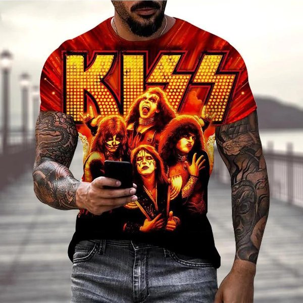 Camisetas De Rock Band Kiss Estampado 3D Hombre Mujer Moda Fresca Camiseta Manga Corta Hip Hop Streetwear Harajuku 5XL Orange-image