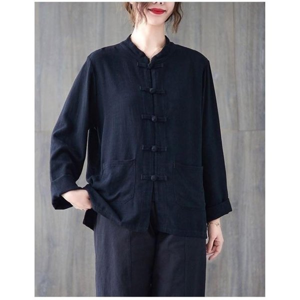 AlgodóN Y Lino Vintage Cuello Alto Estilo Chino Primavera Tai Chi Hombres Mujeres Artes Marciales Camisa Qipao Antiguo Traje Tang Top M Gray-image