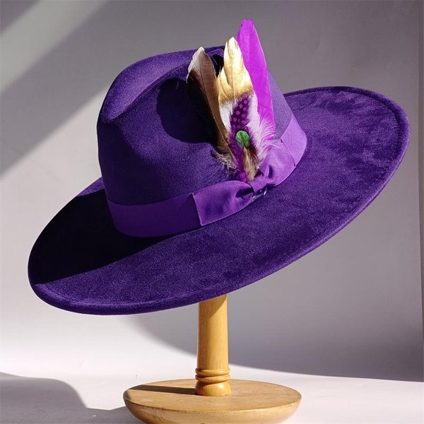 Fioletowe PióRa Zamszowy Kapelusz Cylinder 9.5Cm Szerokie Rondo Kapelusz Fedora MężCzyźNi Kobiety Jesień Zima Filcowe Kapelusze Jazzowe Klasyczne KośCielne Fedora Sombrero 55 -58Cm-image