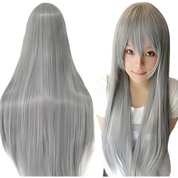 Peluca Gris Larga De Cabello SintéTico Para Cosplay De Anime Disfraz De Halloween Sesshomaru Fiesta Peluca Gris Lisa Con Flequillo 32Inches Gris-image