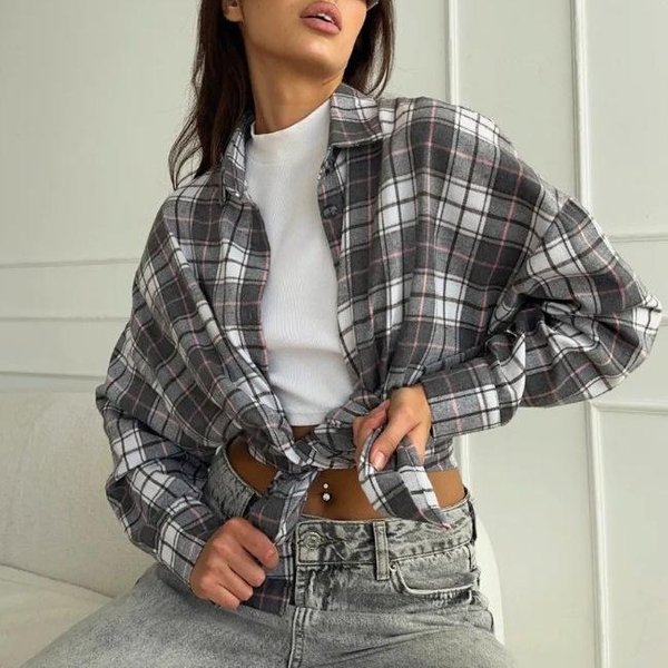 Damska Koszula W Kratę Z KołNierzykiem I DłUgim RęKawem, LuźNa, Vintage, Oversize, Zapinana Na Guziki, Casualowa Bluzka Z Kieszeniami M BiałY-image