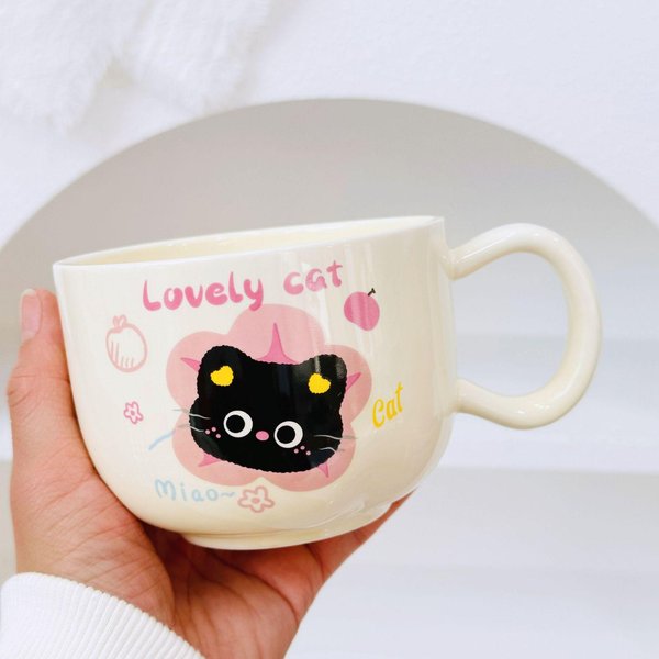 Taza De Desayuno Creativa De Gato De Dibujos Animados Taza De CeráMica Con Tapa Taza Hervidor Set Para El Hogar Taza Taza De Regalo PequeñO 350ML-image