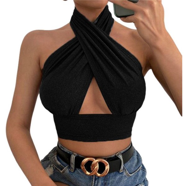 Top De Verano Para Mujer De Color SóLido Con Cruz En El Cuello, Sin Mangas, Espalda Descubierta, Ajustado, Sexy, Para Fiesta L Negro-image