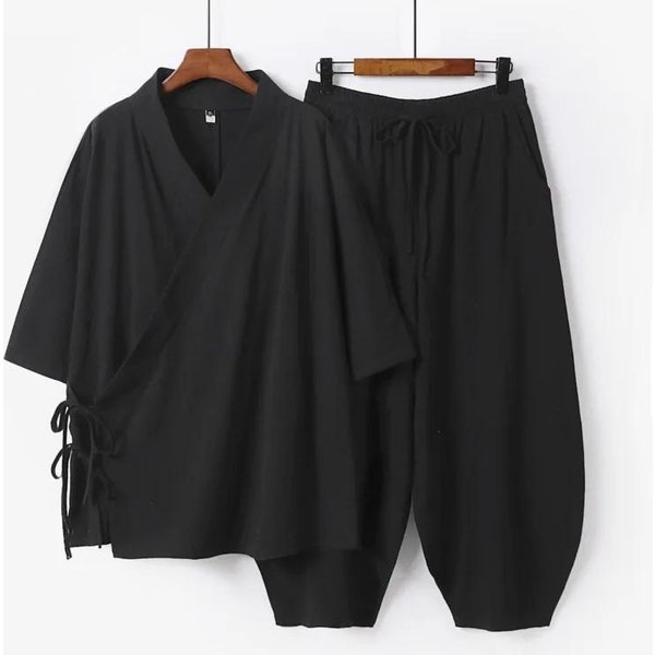 MęSki JapońSki Zestaw Kimono Kardigan Spodnie Len Yukata Haori Kostium Samuraja Harajuku LuźNa Kurtka Garnitur 3XL Czarny-image