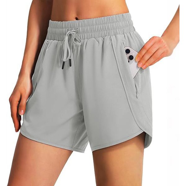 Pantalones Cortos Deportivos Para Correr Para Mujer, Pantalones Cortos De Secado RáPido Con Bolsillos Con Cremallera XL Gris Claro-image