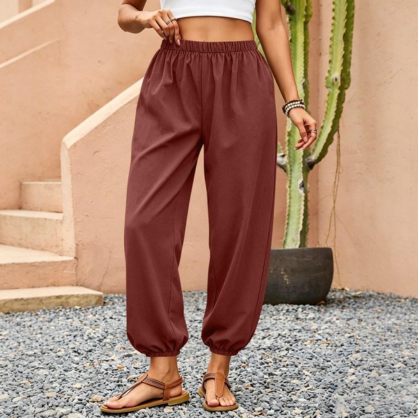 Pantalones Harem Casuales Para Mujer Con Cintura EláStica, Corte Relajado, Ligeros, De Corte Holgado, Pantalones Para El DíA A DíA M Brown-image