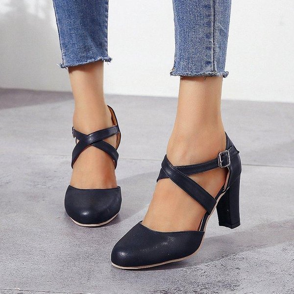 SandałY, Damskie Buty Z OkrąGłYm Noskiem I Jednym Guzikiem, Buty Damskie, Grube Obcasy, Wysokie Obcasy 37 Czarny-image