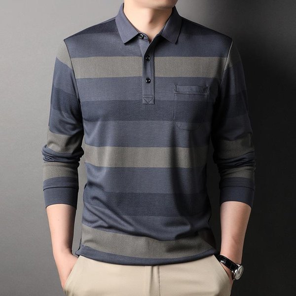 Camiseta De Manga Larga Para Hombre Primavera Y OtoñO Fina Para Hombre A Rayas Bajo Camisa Polo Papá De Mediana Edad Bolsillo Top 3XL/185 Gray-image