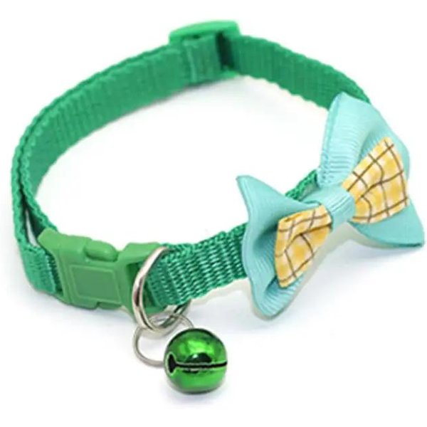 Collar Ajustable Para Mascotas, Gatos Y Perros, Con Bonito Lazo Y Colgante De Cascabel, A La Moda, Con Hebilla De Seguridad, Accesorios Para Ropa De Mascotas. Verde Cuadros-image