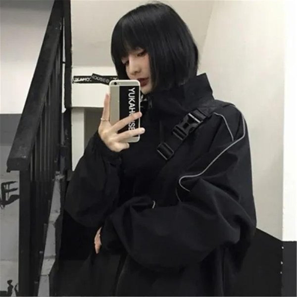 Gotyckie Czarne Kurtki Z Zamkiem BłYskawicznym Damskie Jesienne Harajuku Moda Vintage Estetyczna Moda Uliczna Trend LuźNa Kurtka PłAszcze Studenckie S Czarny-image
