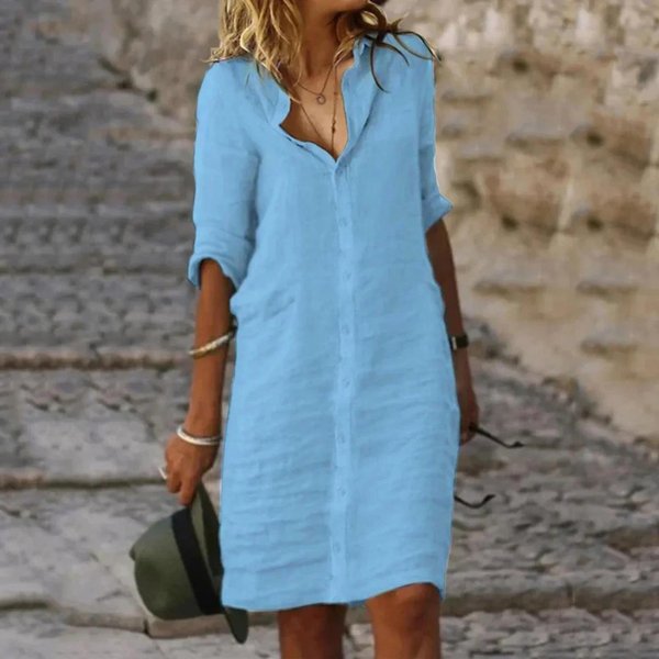 Letnia BawełNiana Lniana Sukienka Koszulowa Damska Guziki PółRęKaw Swobodne Mini Sukienki Damskie Eleganckie LuźNe PlażOwe Sukienki Imprezowe Vestidos XL Niebieski-image