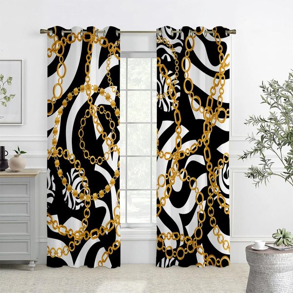 2 Piezas Cortinas Estampado MetáLico Retro PatróN Dorado, Dormitorio Sala De Estar Cocina Bolsillo Para Barra Ojales TranslúCidas Cortinas Decorativas W50Xh140(Cm)X2Pcs&Rod Pocket-image