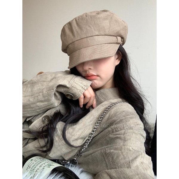 Nuevo Sombrero Octogonal Transpirable De AlgodóN Y Lino Fino Para Mujer De Moda VersáTil Borde Suave Boina Vintage Ajustable Gorra De Periodista One Size Gray-image