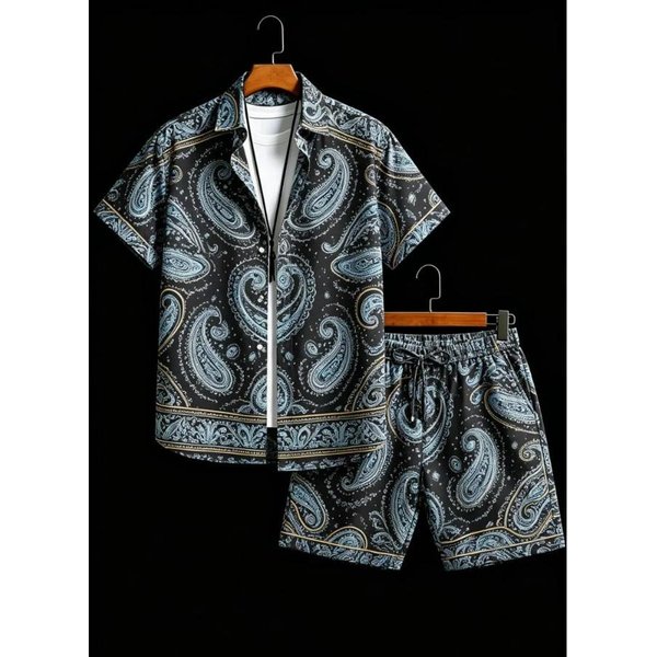 Conjunto De Moda Casual De Verano Para Hombre Con Camisa De Manga Corta Y Pantalones Cortos Estampado Paisley L Gray-image