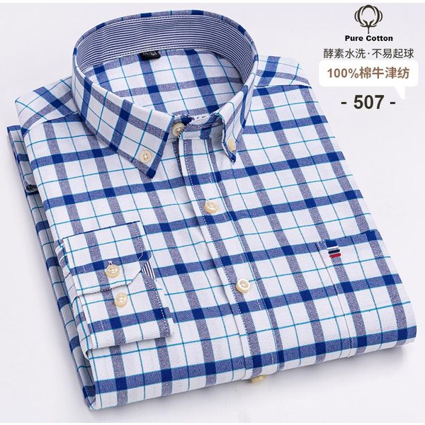100% BawełNa Oxford Koszule MęSkie DłUgi RęKaw Krata MięKka Regularny KróJ Koszula Formalna Kieszeń Bluzka Towarzyska Odzież MęSka S-7XL 2XL-image