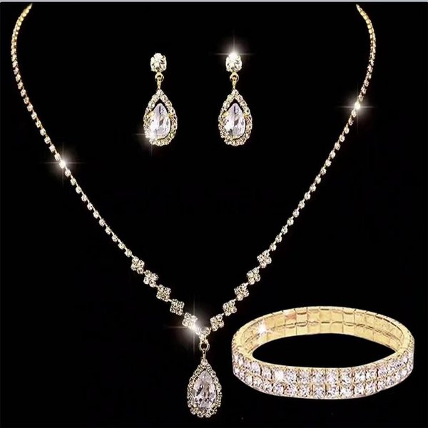 Accesorios De Boda Nupciales Set De Collar, Pendientes Y Pulsera De Cristal Con Gota De Agua Simple Y Elegante Accesorios De Banquete Oro-image