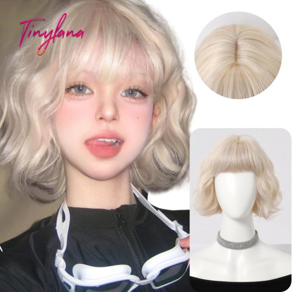 Peluca SintéTica Corta Bob Platino Ondulada Con Flequillo Esponjosa Natural Fibra Resistente Al Calor Peluca Cosplay Diaria Para Fiesta Para Mujeres Beige-image