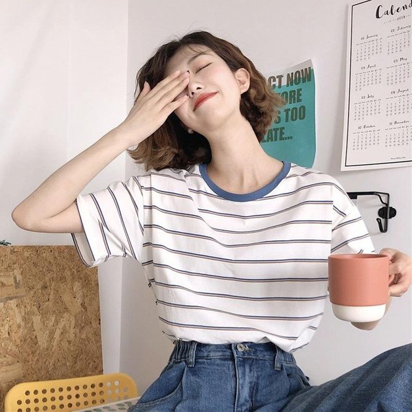 Camiseta De Manga Corta Para Mujer Nuevo Estilo Universitario De Verano Holgada Ajustada Rayas Top De Estudiante Cuello Redondo Base Para Mujer 2XL Gray-image