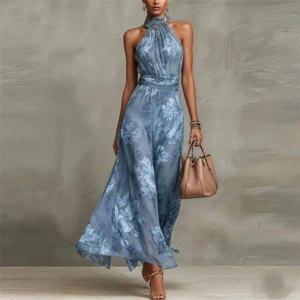 Vestidos Casuales De Moda Para Mujer Yyfs Verano Primavera Estampado De Flores Sin Mangas Cuello Colgante Cintura Alta L-image
