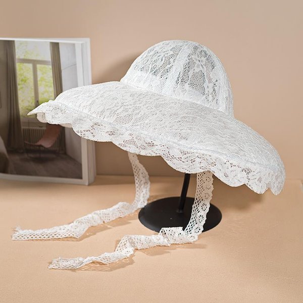 Sombrero De Pescador Calado De Encaje Para Mujer Delgado Y VersáTil Sombrero De Sol Y Sombrilla De Verano M(56-58Cm) Blanco-image