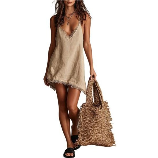 Vestido Corto De Verano Para Mujer Con Flecos, Cuello En V Profundo, Sin Mangas, Estilo Slip Dress, Casual Holgado, Boho, Playa, Tirantes Finos, Mini Vestido Por Encima De La Rodilla L Caqui-image