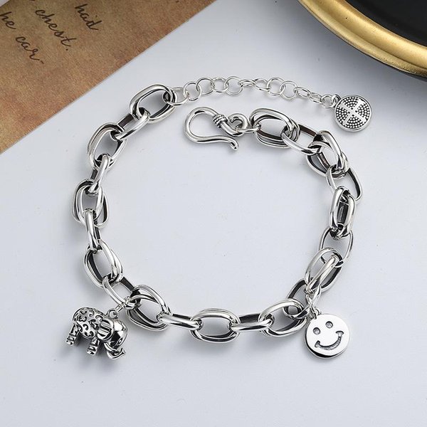 Pulsera De Plata De Ley S925 Con DiseñO Retro De Elefante Sonriente, JoyeríA Tailandesa Salvaje De Moda Para Mujer Gray-image