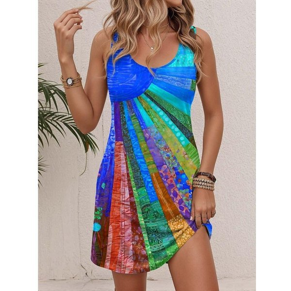 Vestido Nuevo De Verano Para Mujer Retro Colorido PatróN Creativo ImpresióN 3D Holgado Casual Vacaciones Cuello Redondo Sin Mangas Vestido Chaleco L Blue-image