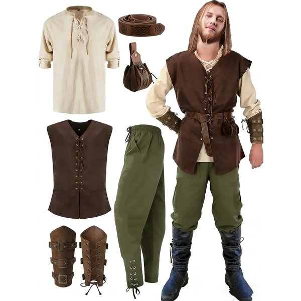 6 Piezas Conjunto De Disfraz Renacentista De Halloween Para Hombre Chaleco Medieval Camisa Pantalones Con Banda En El Tobillo CinturóN Vikingo Brazalete Bolsa M-image