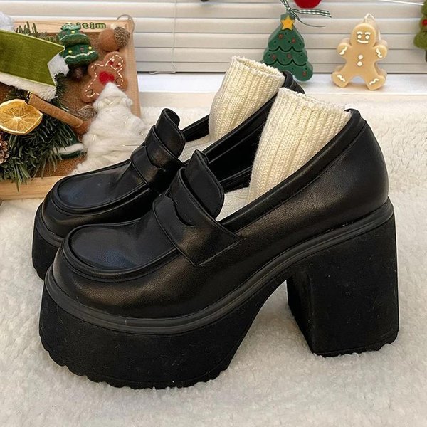 Gotyckie CzółEnka Na Grubym Wysokim Obcasie Dla Kobiet Wiosenne Lakierowane Platformy Mokasyny Kobieta Czarne Na Grubym Obcasie Buty Jk Lolita 37 Black-image
