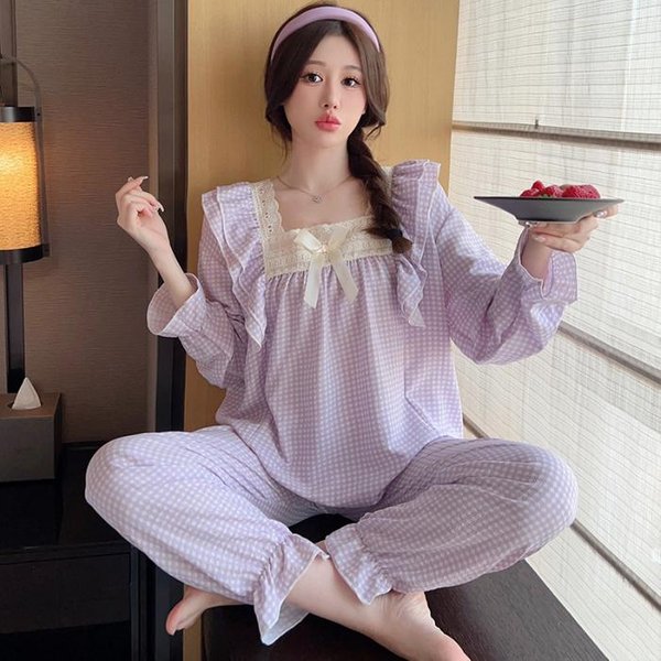 Conjunto De Pijama De Talla Grande Para Mujer Con Estampado De Cerezas, Camiseta De Manga Larga Y Pantalones Con Volantes, Ropa De Casa Agradable Para La Piel Y Transpirable 5XL Gray-image