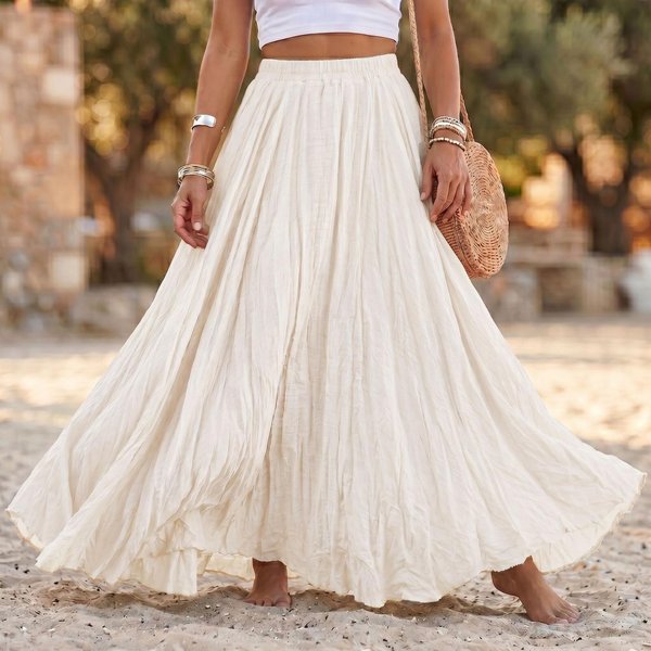 Falda Larga Suelta Plisada Para Mujer Cintura EláStica Mezcla De AlgodóN Y Lino Maxi Falda Dobladillo Acampanado Falda Casual Estilo Boho Para Uso Diario XL Beige-image