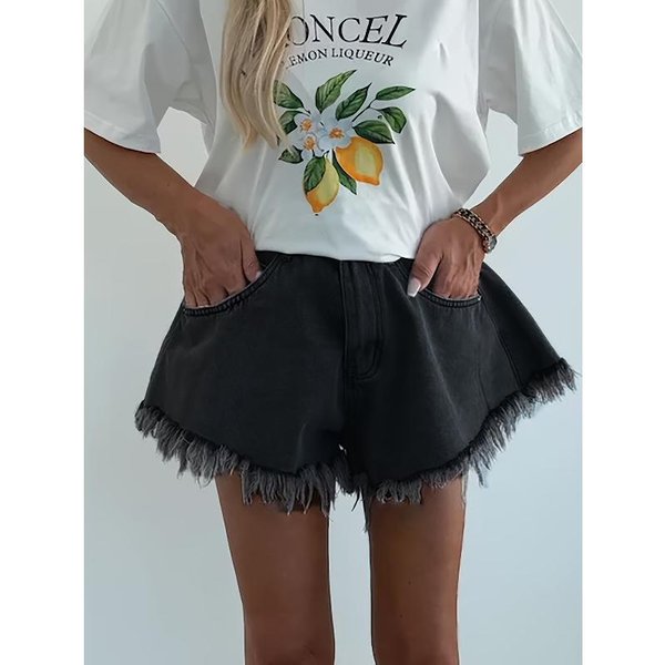 Damskie Spodenki Jeansowe Z FręDzlami Wysoki Stan Letnie Elastyczne Szorty Jean S Czarny-image