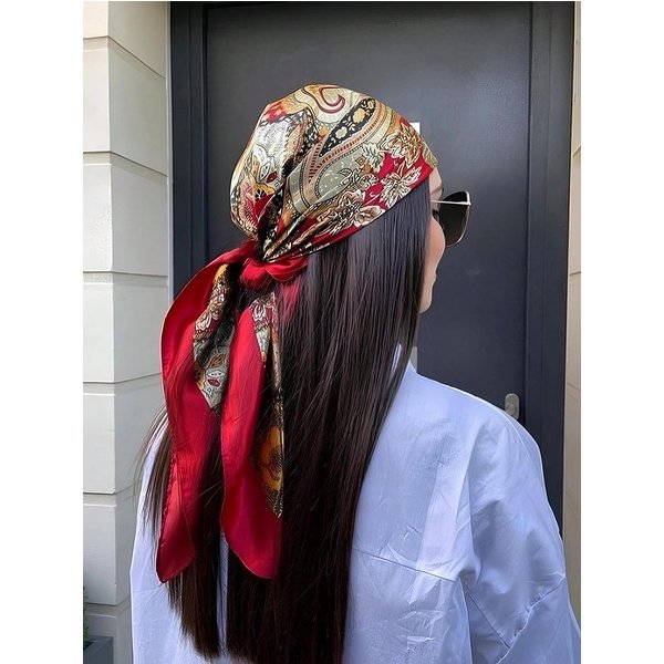 Satynowy Kwadratowy Szalik Damski Kwiatowy HidżAb Elegancki Nadruk Jedwabny Zawięź Szal Chusty Opaska Na GłOwę Uchwyt Akcesoria Do WłOsóW Bandana 90X90Cm Black-image