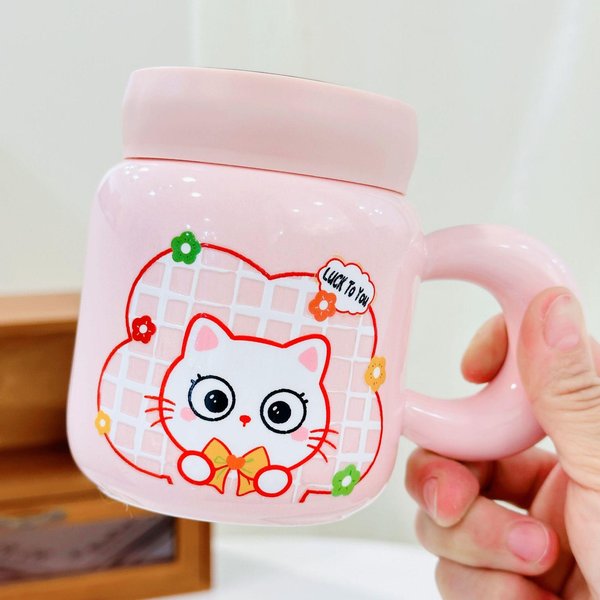 Taza De CeráMica De Gato De Dibujos Animados Con Tapa Y Espejo, Taza De Dibujos Animados Linda, Taza De Agua Para El Hogar De Aspecto Sofisticado Para Chicas De Oficina 480ML-image