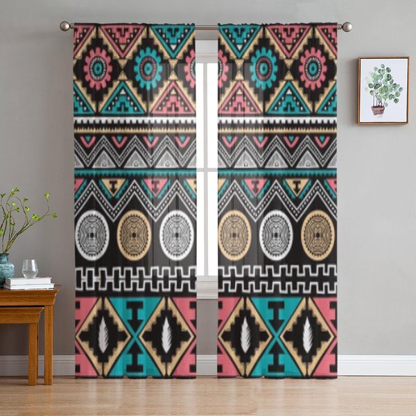 Cortinas De Tul Transparentes Con PatróN ÉTnico De Colores Para Sala De Estar La HabitacióN Dormitorio Cocina DecoracióN Cortinas De Voile Organza 135W X 114H(Cm) Black-image