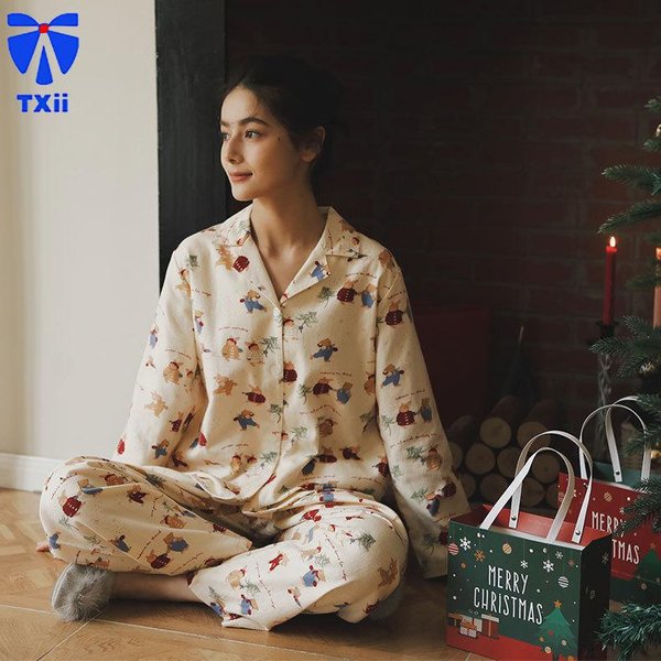 Nuevo AlgodóN Lijado Solapa Rayado Ropa De Casa Serie Dibujos Animados Estampado Manga Larga Traje De Pijama XL Brown-image