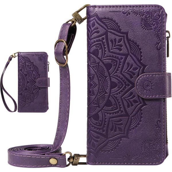 SkóRzany Portfel Z WytłOczoną Mandalą Etui Z Klapką Do Iphone 17 16 15 14 13 12 11 Pro Max 16E 17E 7 8 Plus X XS XR SE 2020 2022 Iphone XS Max Fioletowy-image