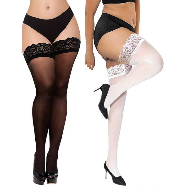 2 Pares De Medias Altas Hasta El Muslo Talla Grande Con Detalle De Encaje Semitransparentes 0Xl2Xl-image