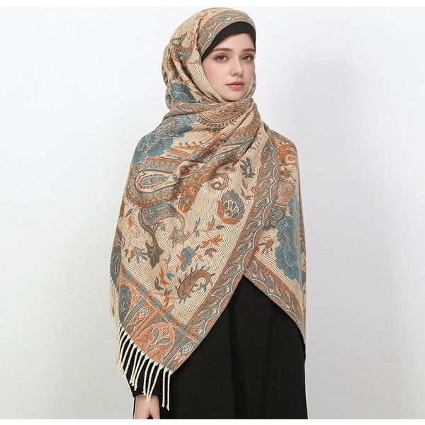 Kaszmirowy Szal Pashmina Damski Otulacz CiepłE Zimowe Szaliki WzóR Nadruk Damski Zdobny Szal BawełNiane Szale Szalik Beige-image