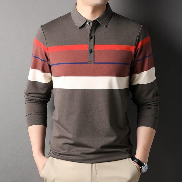 Nueva Camiseta Polo De Manga Larga Con Solapa De AlgodóN De Fibra Larga A Rayas De OtoñO Para Hombre, Camiseta Bordada Para Hombre Xxxxl Gray-image