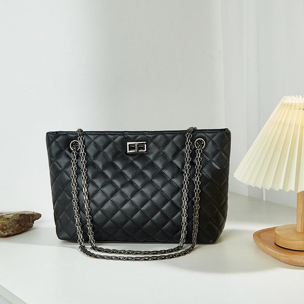 Torba łAńCuszkowa W KształCie Rombu, Torba Damska O DużEj PojemnośCi, Damska Torebka, Torba Crossbody Na Jedno Ramię, Modna Torba Tote Z ZapięCiem 35*21*12Cm Czarny-image