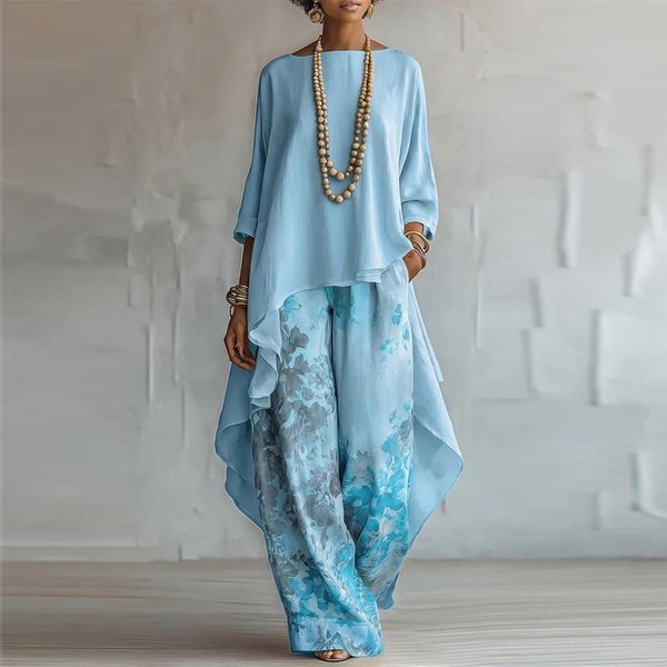 Conjunto Boho De Dos Piezas Para Mujer Manga 3/4 AsiméTrico Alto Bajo TúNica Estampada Pantalones De Pierna Ancha Suelto Atuendo De Verano L Gray-image