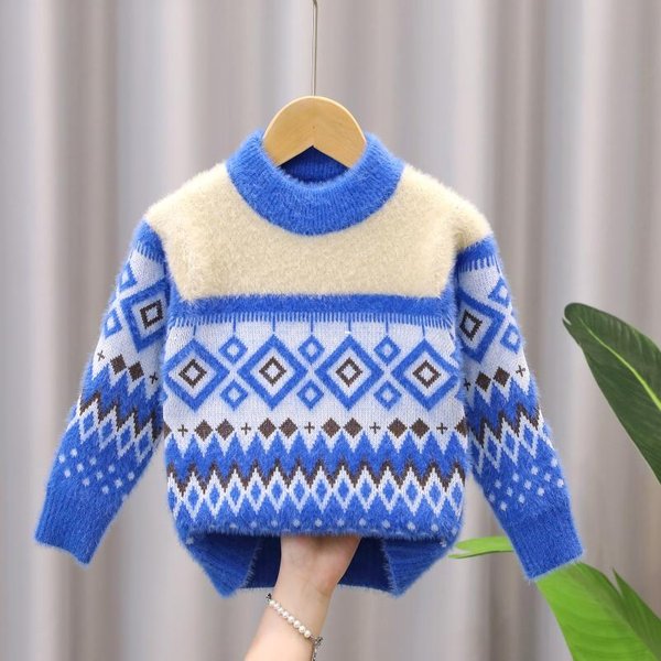 Sweter DziecięCy Z Futra Norki, Pulower, Top, Zimowa Odzież DziecięCa, ChłOpięCy Sweter Dziergany 110 Blue-image