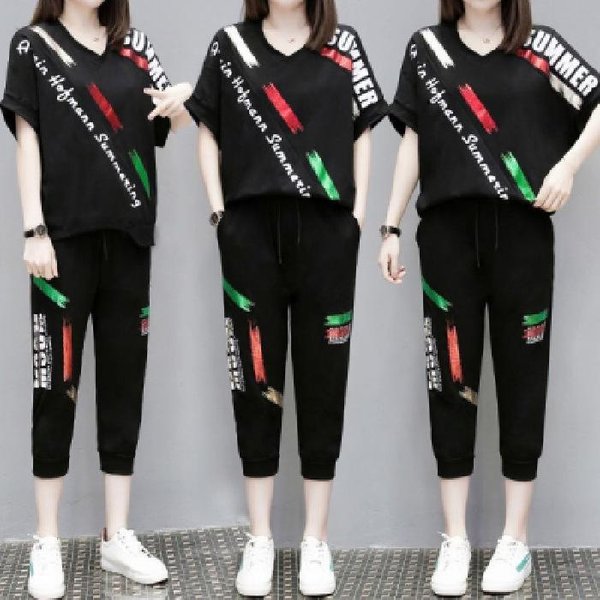 Nuevo Traje Deportivo Casual Holgado De Talla Grande Para Mujer En Verano Nuevo Gordo Mm Pantalones Cortos De Manga Corta Conjunto De Dos Piezas 4XL Negro-image