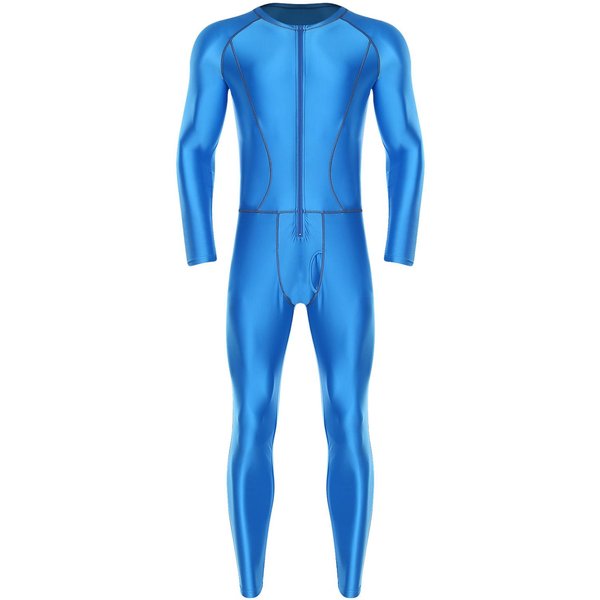 MęSki BłYszcząCy Kombinezon Kompresyjny Slim Fit ZewnęTrzne PłAskie Szwy Zamek Z Przodu DłUgi RęKaw DłUgie Nogawki Rompersy Do Jogi XXL Blue-image